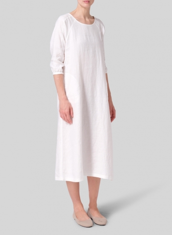 White Linen Elbow Sleeve Long Dress