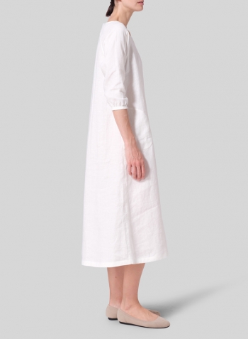 White Linen Elbow Sleeve Long Dress