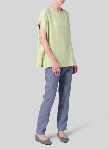 Twill Lime Green Linen Dolman Sleeves Relaxed Fit Top