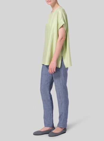 Twill Lime Green Linen Dolman Sleeves Relaxed Fit Top