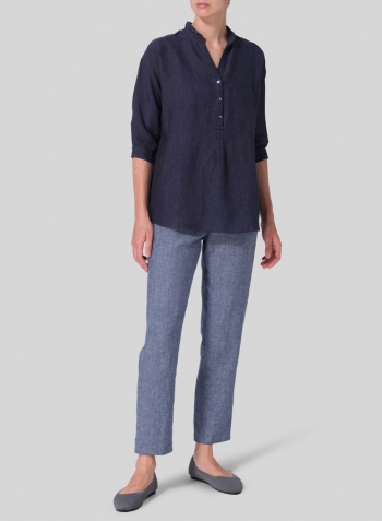 Dark Denim Linen Blouse With V-neck Mandarin Collar