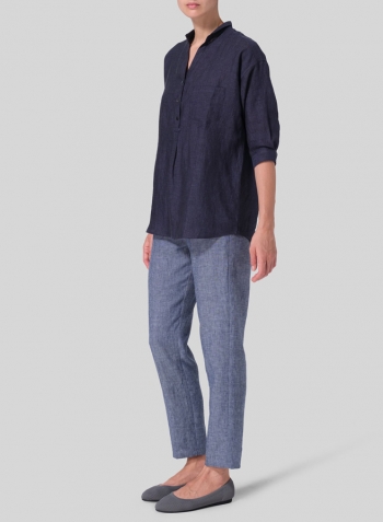 Dark Denim Linen Blouse With V-neck Mandarin Collar