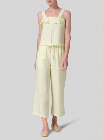 Mist Yellow Linen Ruffle Square Neck Cami Top