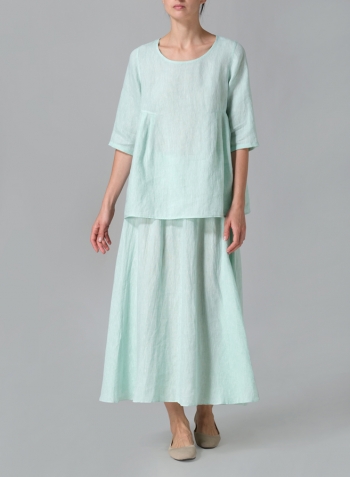 Soft Light Green Linen Dropped Shoulder Pleated Box Top Set