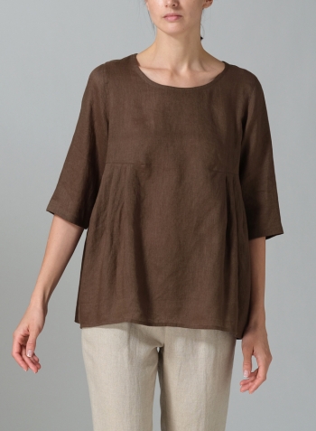 Dark Olive Linen Dropped Shoulder Pleated Box Top