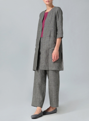 Two Tone Charcoal Linen Straight Cut Open Front Jacket Set