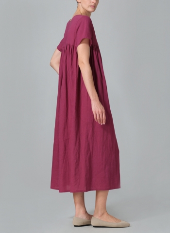 Red Violet Linen Short Sleeves Pleated Maxi Dress