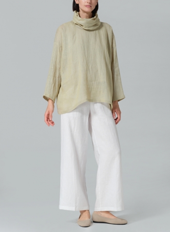 Pale Goldenord Woven Linen Long Sleeve Cowl Neck Top