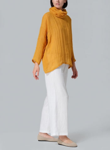 Pale Orange Woven Linen Long Sleeve Cowl Neck Top