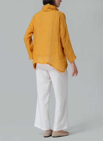 Pale Orange Woven Linen Long Sleeve Cowl Neck Top