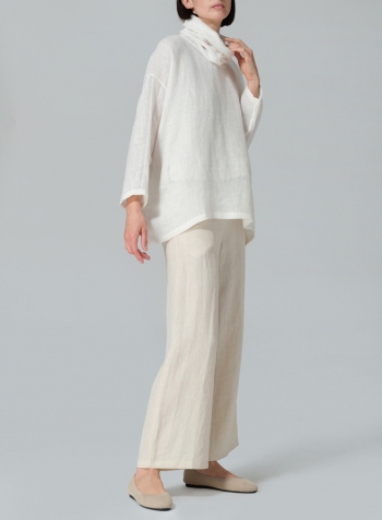 Soft White Woven Linen Long Sleeve Cowl Neck Top