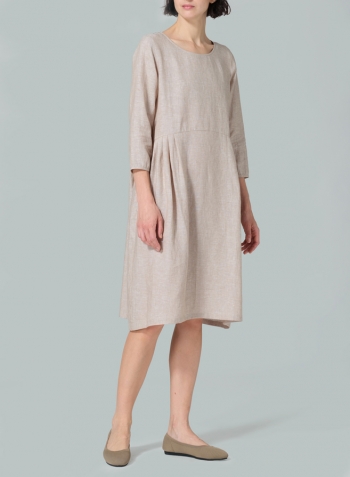 Two Tone Beige Linen A-line Mid-Length Pleated-Waist Dress