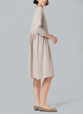 Two Tone Beige Linen A-line Mid-Length Pleated-Waist Dress