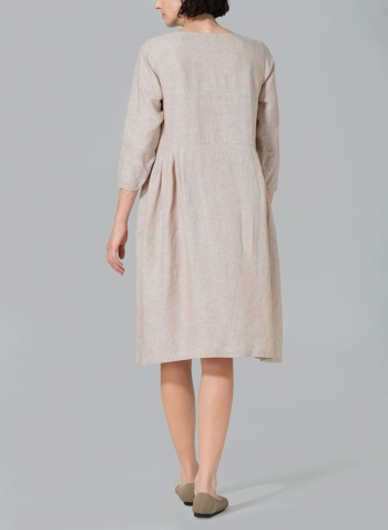 Two Tone Beige Linen A-line Mid-Length Pleated-Waist Dress