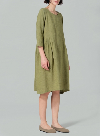 Pale Olive Linen A-line Mid-Length Pleated-Waist Dress