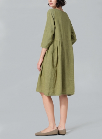 Pale Olive Linen A-line Mid-Length Pleated-Waist Dress