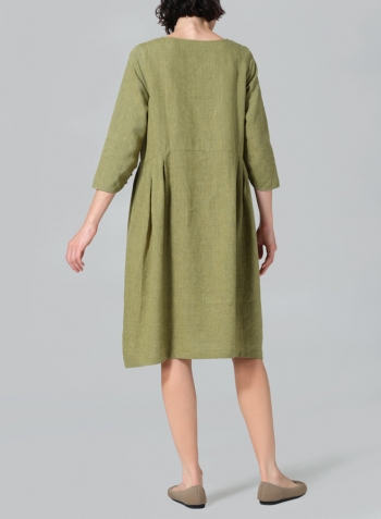 Pale Olive Linen A-line Mid-Length Pleated-Waist Dress