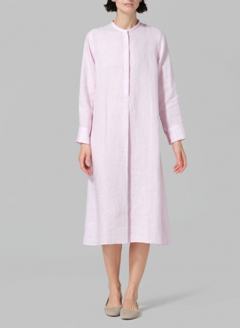 Soft Pink Linen A-shape Long Shirt Dress