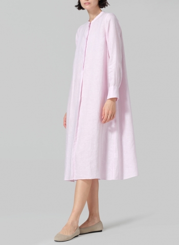 Soft Pink Linen A-shape Long Shirt Dress