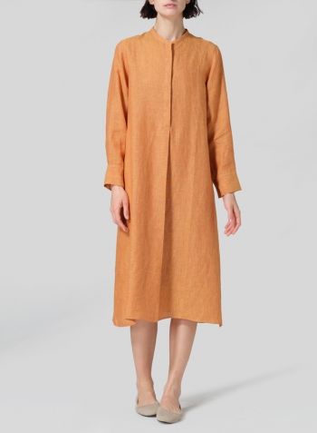 Golden Brown Linen A-shape Long Shirt Dress