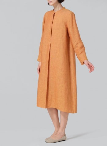 Golden Brown Linen A-shape Long Shirt Dress