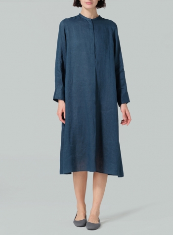 Oriental Blue Linen A-shape Long Shirt Dress