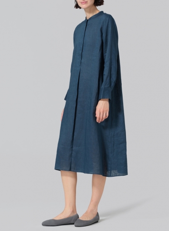 Oriental Blue Linen A-shape Long Shirt Dress