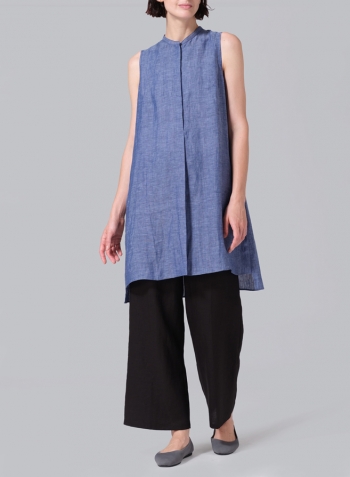 Azure Blue Linen Sleeveless A-line Long Tunic