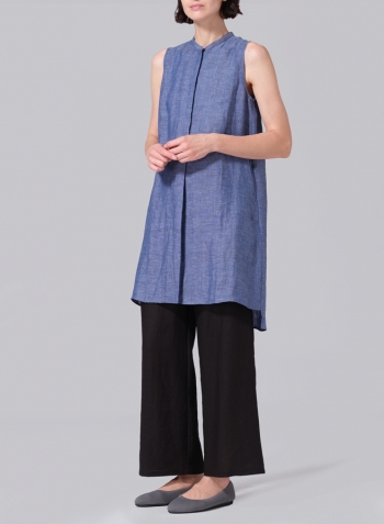 Azure Blue Linen Sleeveless A-line Long Tunic