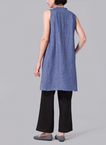 Azure Blue Linen Sleeveless A-line Long Tunic