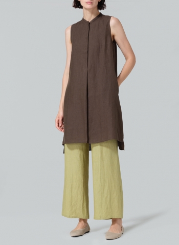 Dark Olive Brown Linen Sleeveless A-line Long Tunic