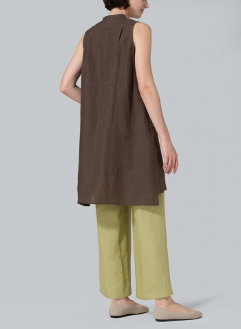 Dark Olive Brown Linen Sleeveless A-line Long Tunic