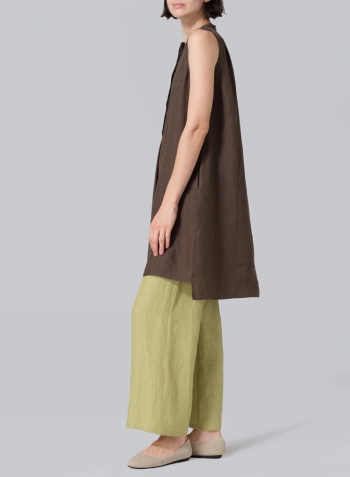 Dark Olive Brown Linen Sleeveless A-line Long Tunic