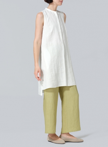 Ivory White Linen Sleeveless A-line Long Tunic