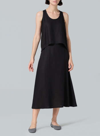 Black Linen Pull-On A-Line Flowing Skirt