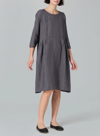 Charcoal Gray Linen A-line Mid-Length Pleated-Waist Dress