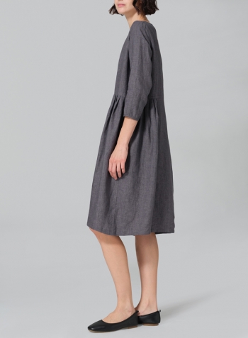 Charcoal Gray Linen A-line Mid-Length Pleated-Waist Dress