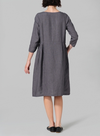 Charcoal Gray Linen A-line Mid-Length Pleated-Waist Dress