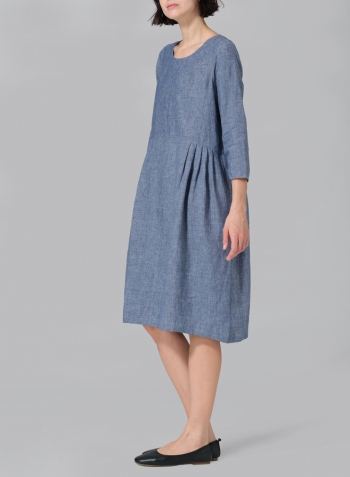 Denim Blue Linen A-line Mid-Length Pleated-Waist Dress