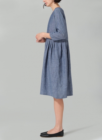 Denim Blue Linen A-line Mid-Length Pleated-Waist Dress