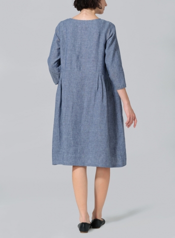 Denim Blue Linen A-line Mid-Length Pleated-Waist Dress