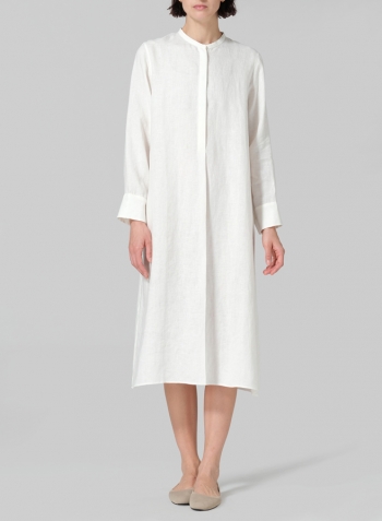 Off White Linen A-shape Long Shirt Dress