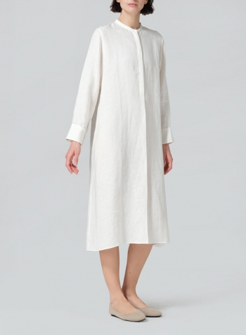 Off White Linen A-shape Long Shirt Dress