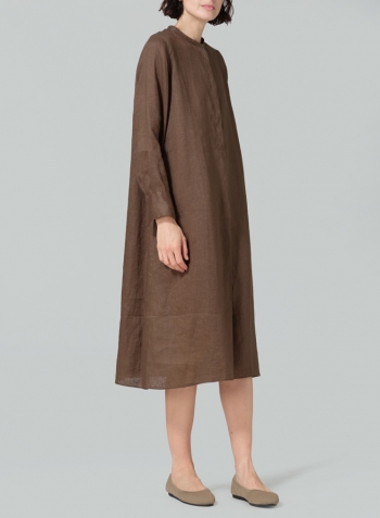 Dark Olive Linen A-shape Long Shirt Dress