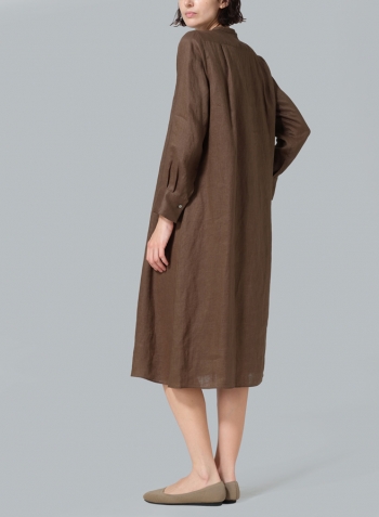 Dark Olive Linen A-shape Long Shirt Dress