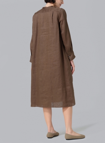 Dark Olive Linen A-shape Long Shirt Dress