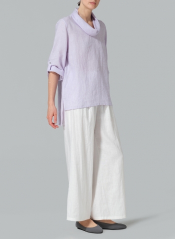 Pastel Mauve Linen Cowl Neck Rolled Sleeve Loose Top