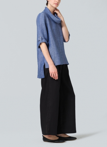 Azure Blue Linen Cowl Neck Rolled Sleeve Loose Top