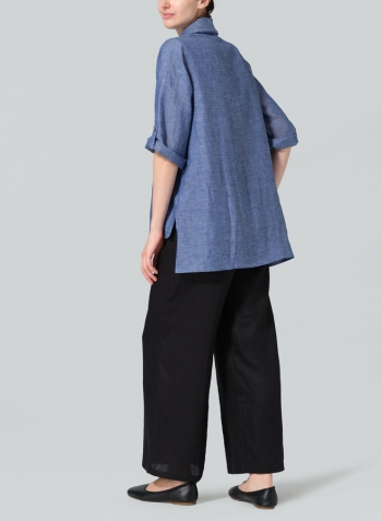 Azure Blue Linen Cowl Neck Rolled Sleeve Loose Top