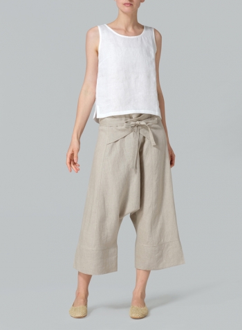 Oat Linen Tie Waist Cropped Loose Pants